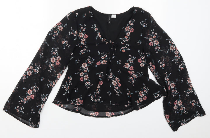 H&M Womens Black Floral Polyester Basic Blouse Size 6 V-Neck