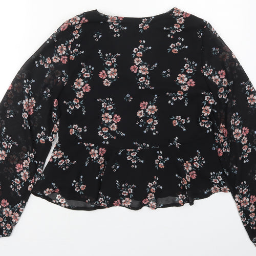 H&M Womens Black Floral Polyester Basic Blouse Size 6 V-Neck