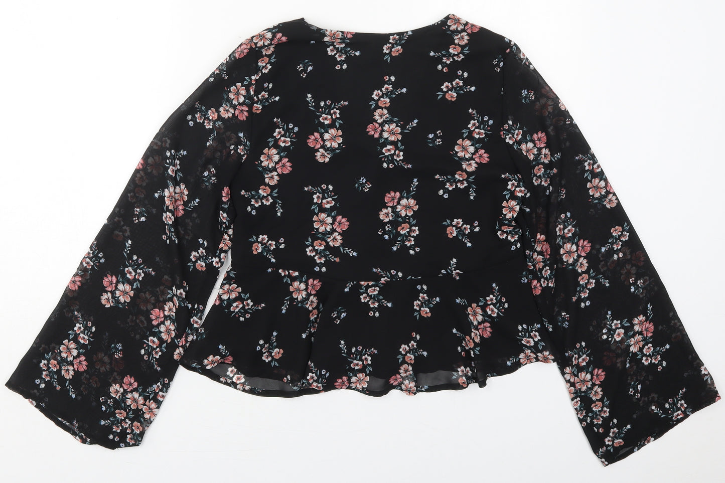 H&M Womens Black Floral Polyester Basic Blouse Size 6 V-Neck