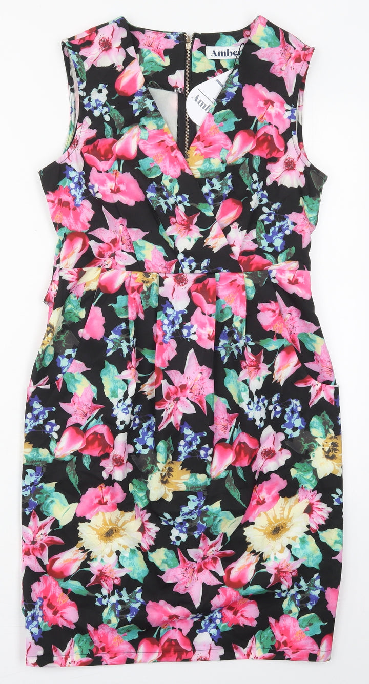 Amber Womens Pink Floral Polyester Pencil Dress Size XS V-Neck Zip