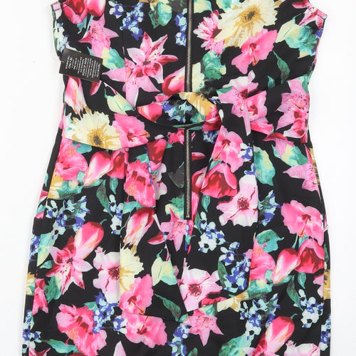 Amber Womens Pink Floral Polyester Pencil Dress  Size XS  V-Neck Zip