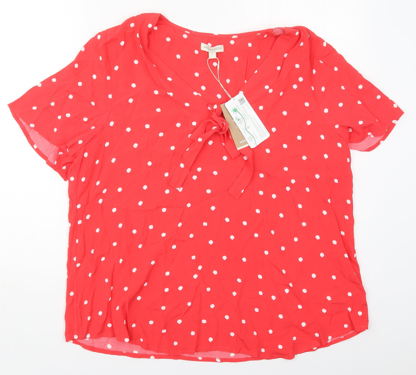 Monsoon Womens Red Polka Dot Viscose Basic Blouse Size L V-Neck