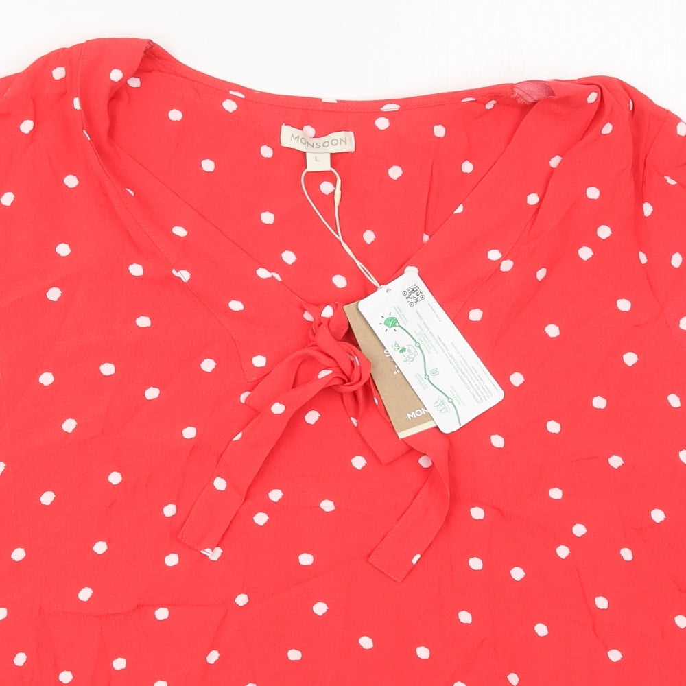 Monsoon Womens Red Polka Dot Viscose Basic Blouse Size L V-Neck