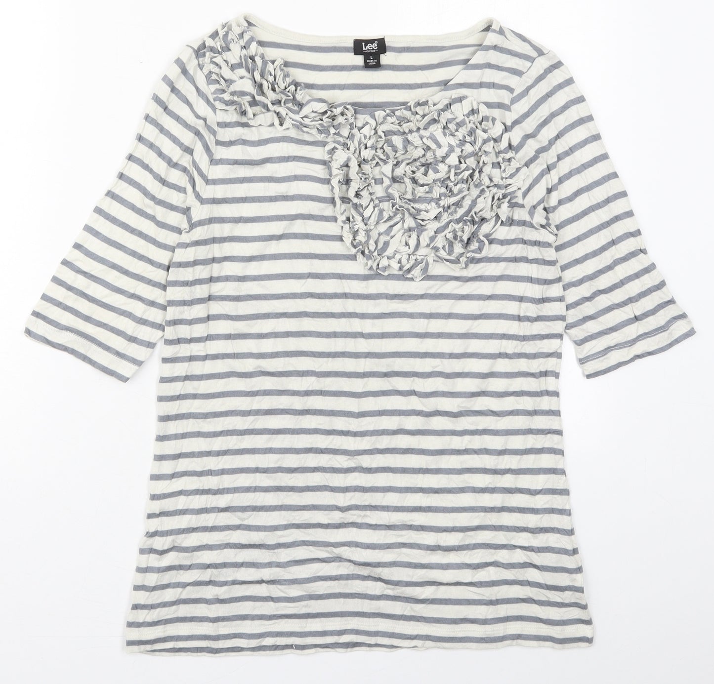 Lee Womens Grey Striped Viscose Basic T-Shirt Size L Round Neck
