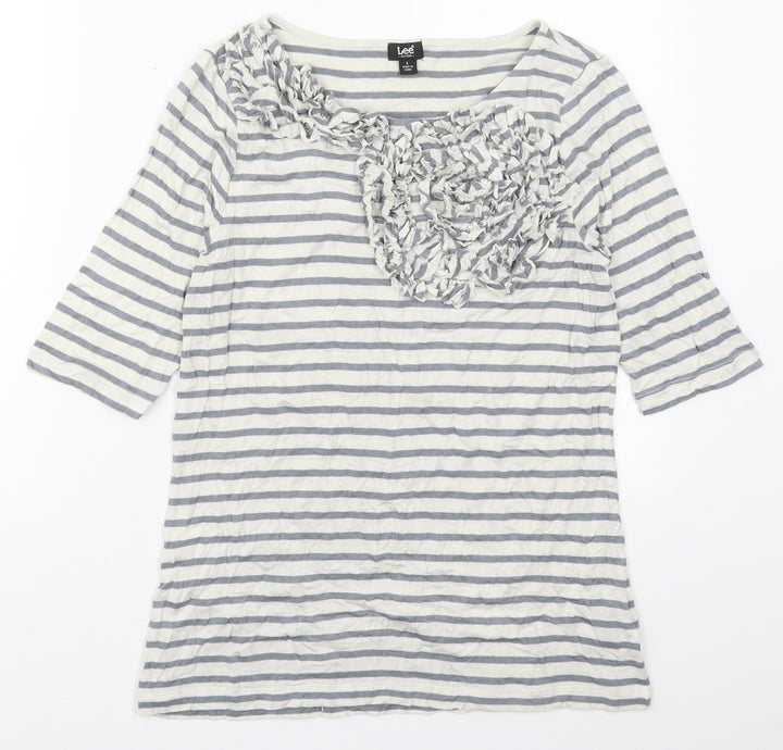 Lee Womens Grey Striped Viscose Basic T-Shirt Size L Round Neck