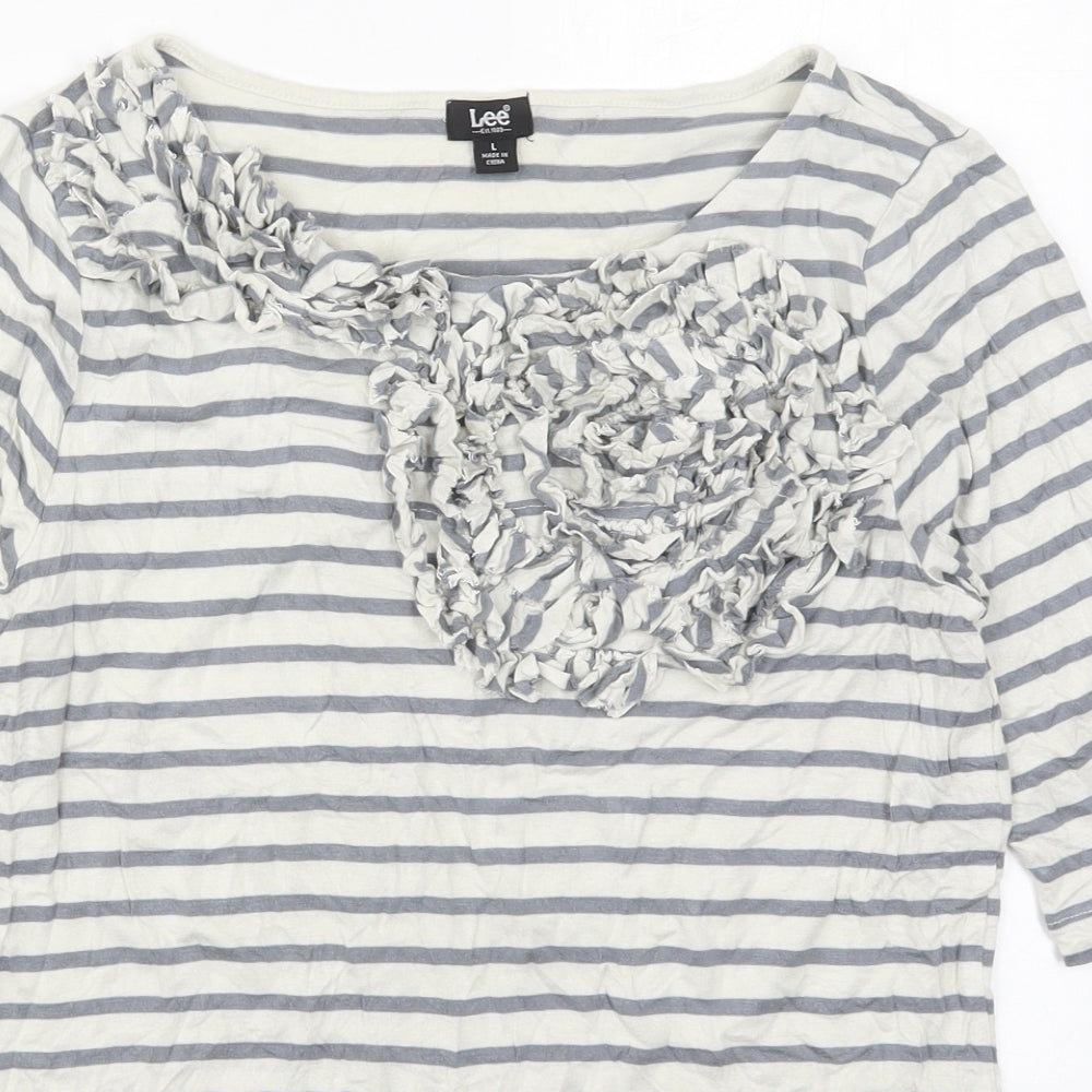 Lee Womens Grey Striped Viscose Basic T-Shirt Size L Round Neck