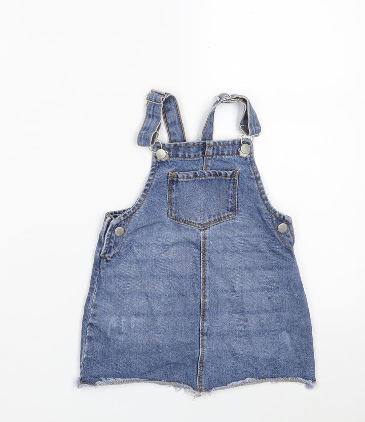 Denim & Co. Girls Blue 100% Cotton Pinafore/Dungaree Dress Size 18-24 Months Square Neck