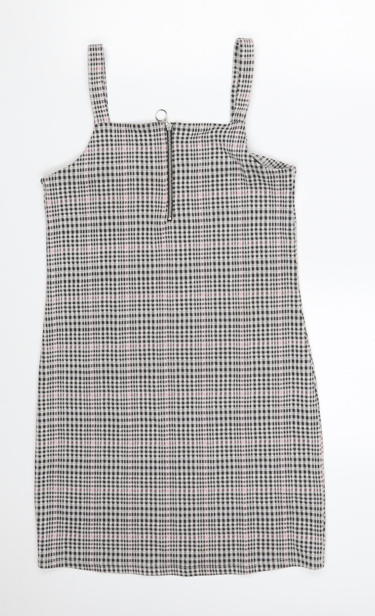 New Look Girls Grey Check Polyester Pinafore/Dungaree Dress  Size 14-15 Years  Off the Shoulder Zip