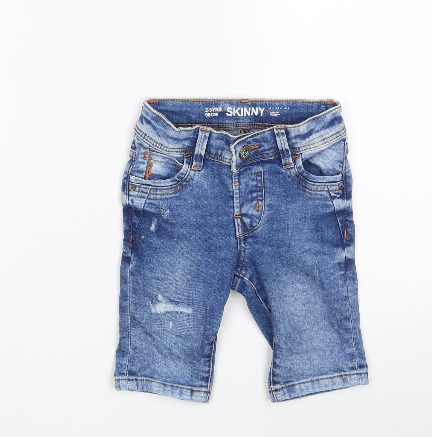 Denim & Co. Boys Blue  Cotton Chino Shorts Size 2-3 Years  Slim Snap - Distressed