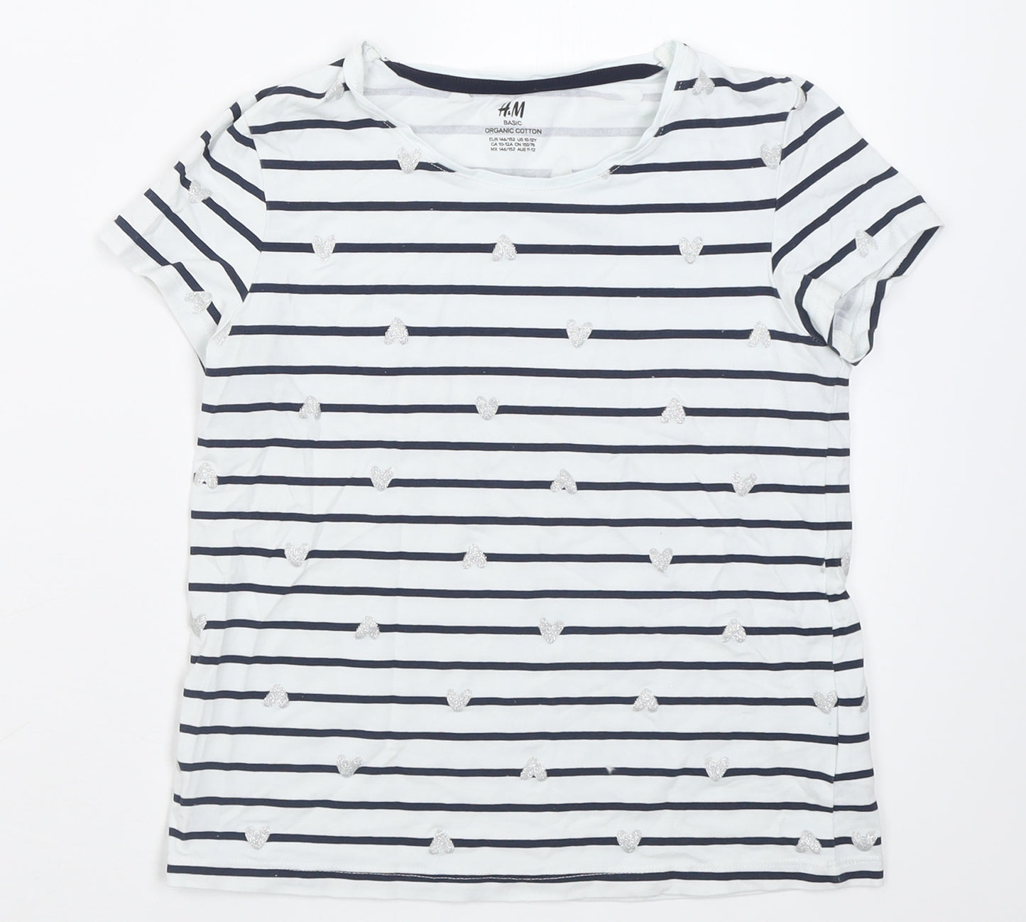 H&M Girls White Striped Cotton Basic T-Shirt Size 11-12 Years Crew Neck Pullover - Heart pattern