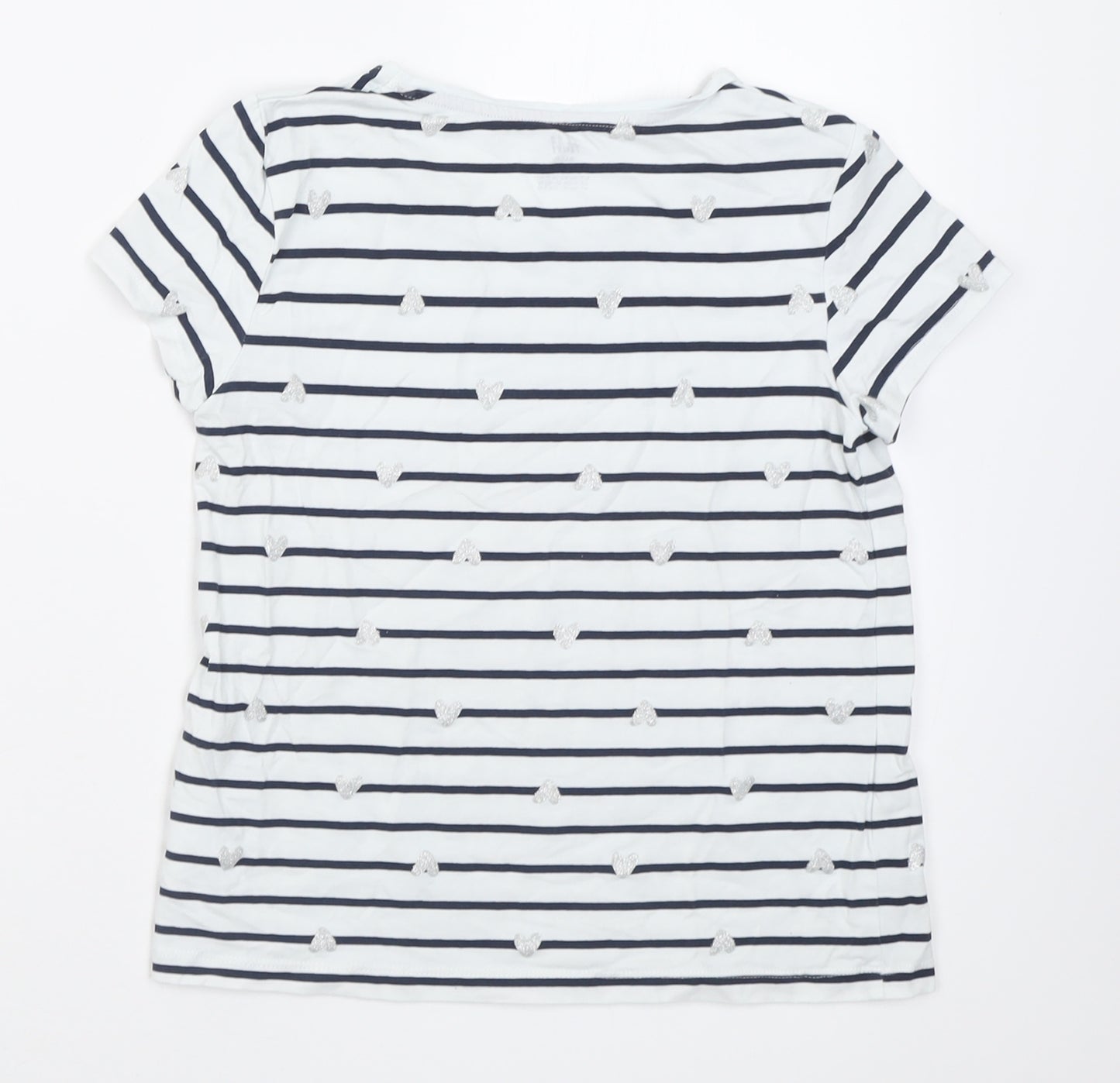 H&M Girls White Striped Cotton Basic T-Shirt Size 11-12 Years Crew Neck Pullover - Heart pattern