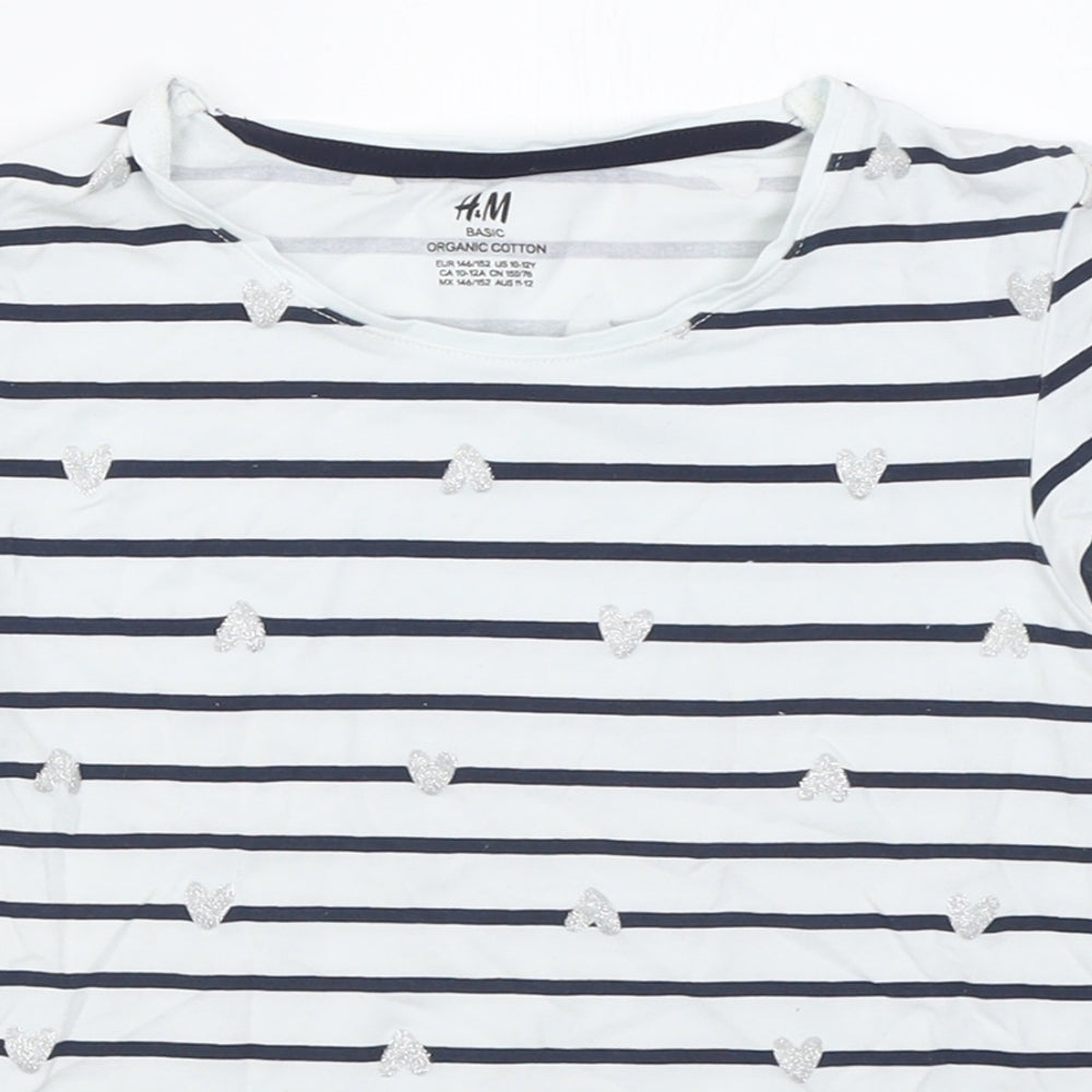 H&M Girls White Striped Cotton Basic T-Shirt Size 11-12 Years Crew Neck Pullover - Heart pattern