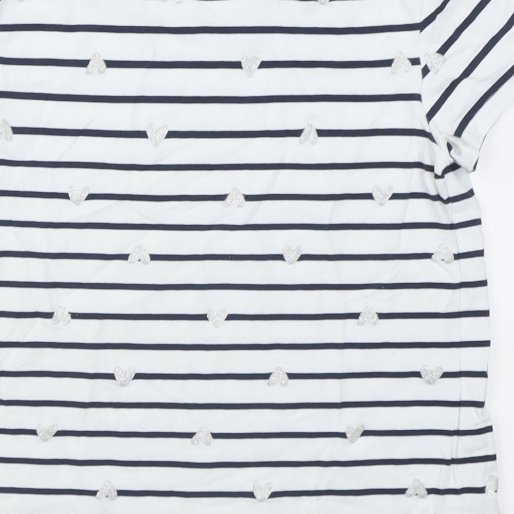 H&M Girls White Striped Cotton Basic T-Shirt Size 11-12 Years Crew Neck Pullover - Heart pattern