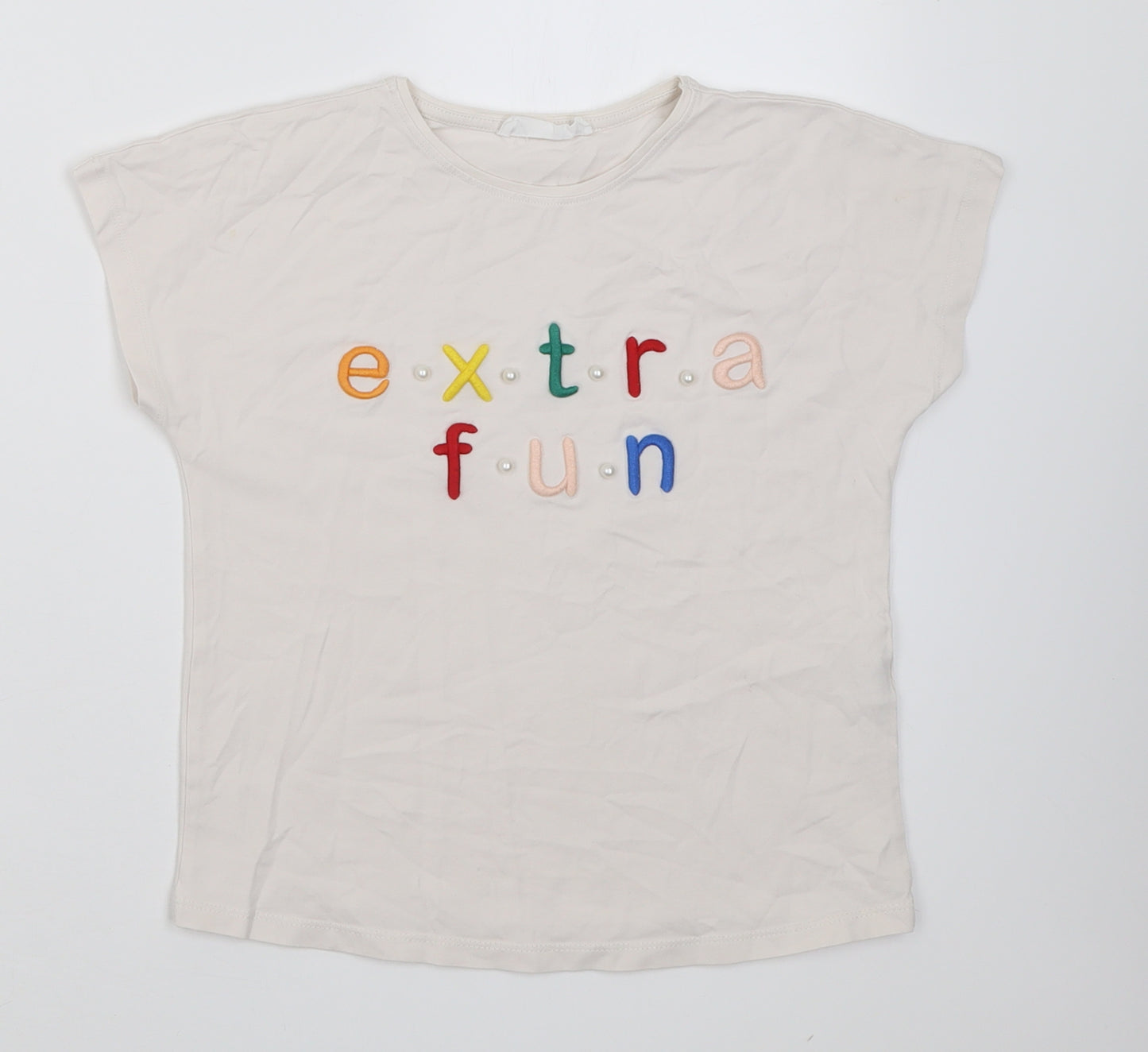 Zara Girls White  Cotton Basic T-Shirt Size 9 Years Crew Neck Pullover - extra fun