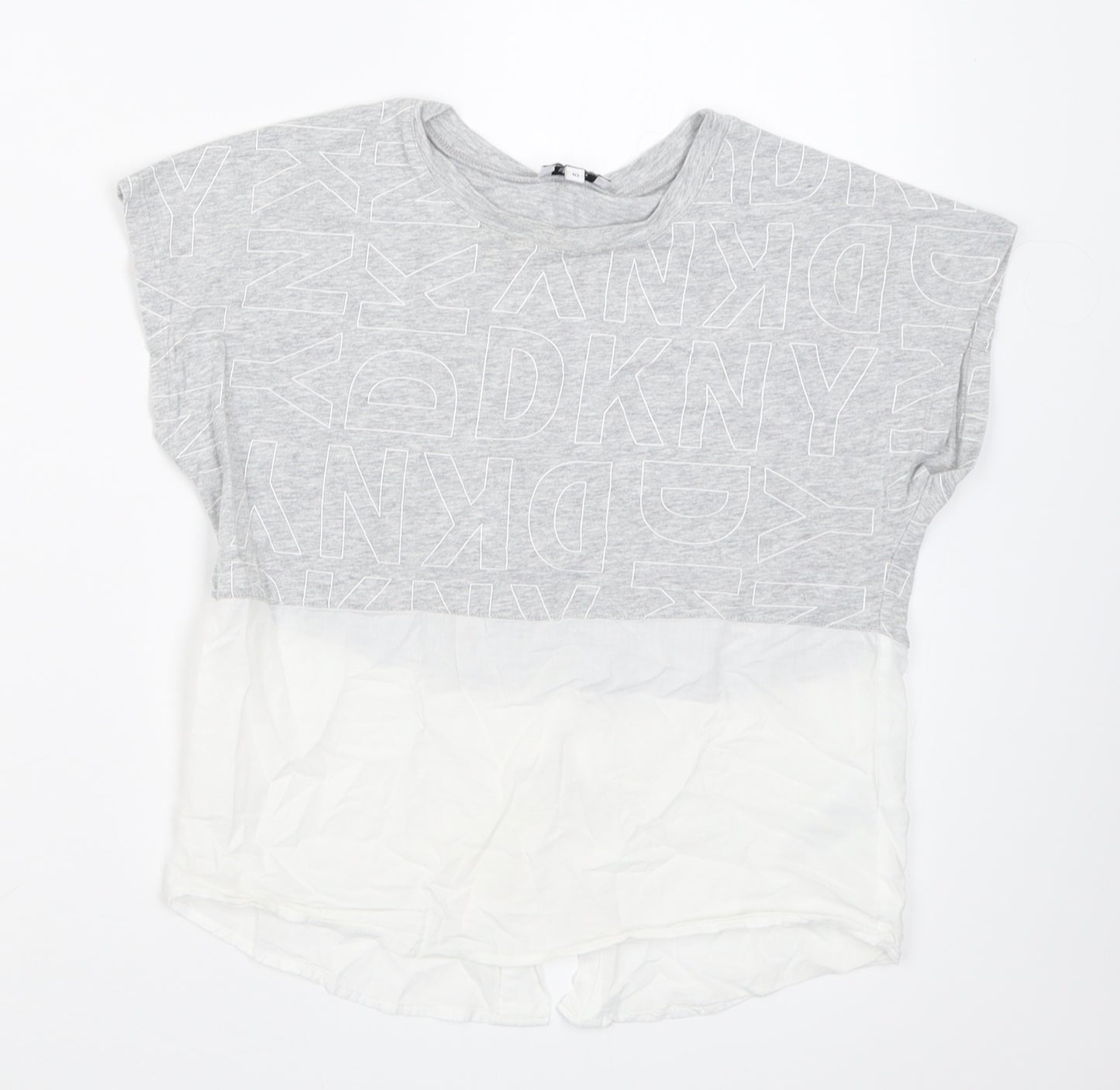 DKNY Girls Grey Geometric Cotton Basic T-Shirt Size 10 Years Crew Neck Pullover