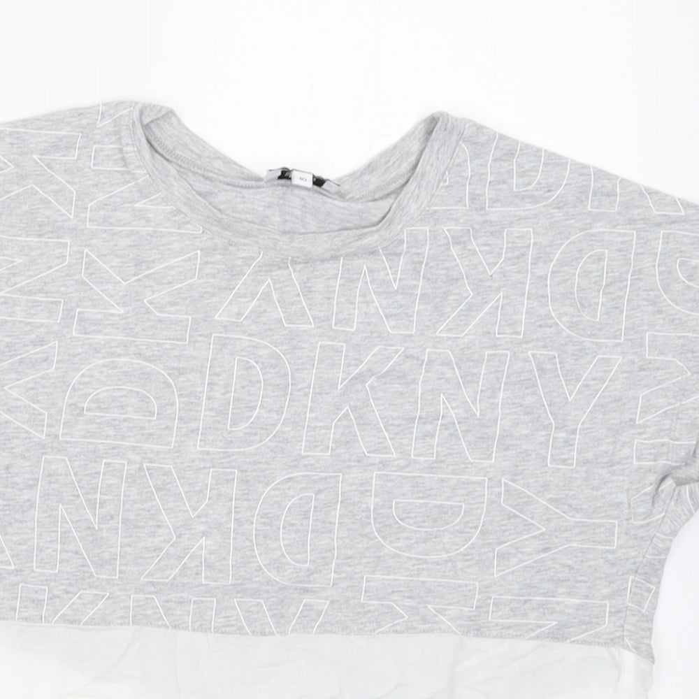 DKNY Girls Grey Geometric Cotton Basic T-Shirt Size 10 Years Crew Neck Pullover