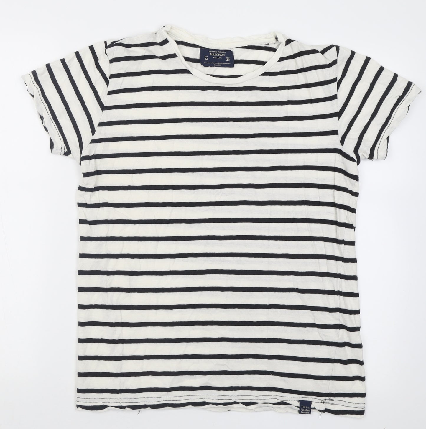 Pull&Bear Womens White Striped Cotton Basic T-Shirt Size M Crew Neck