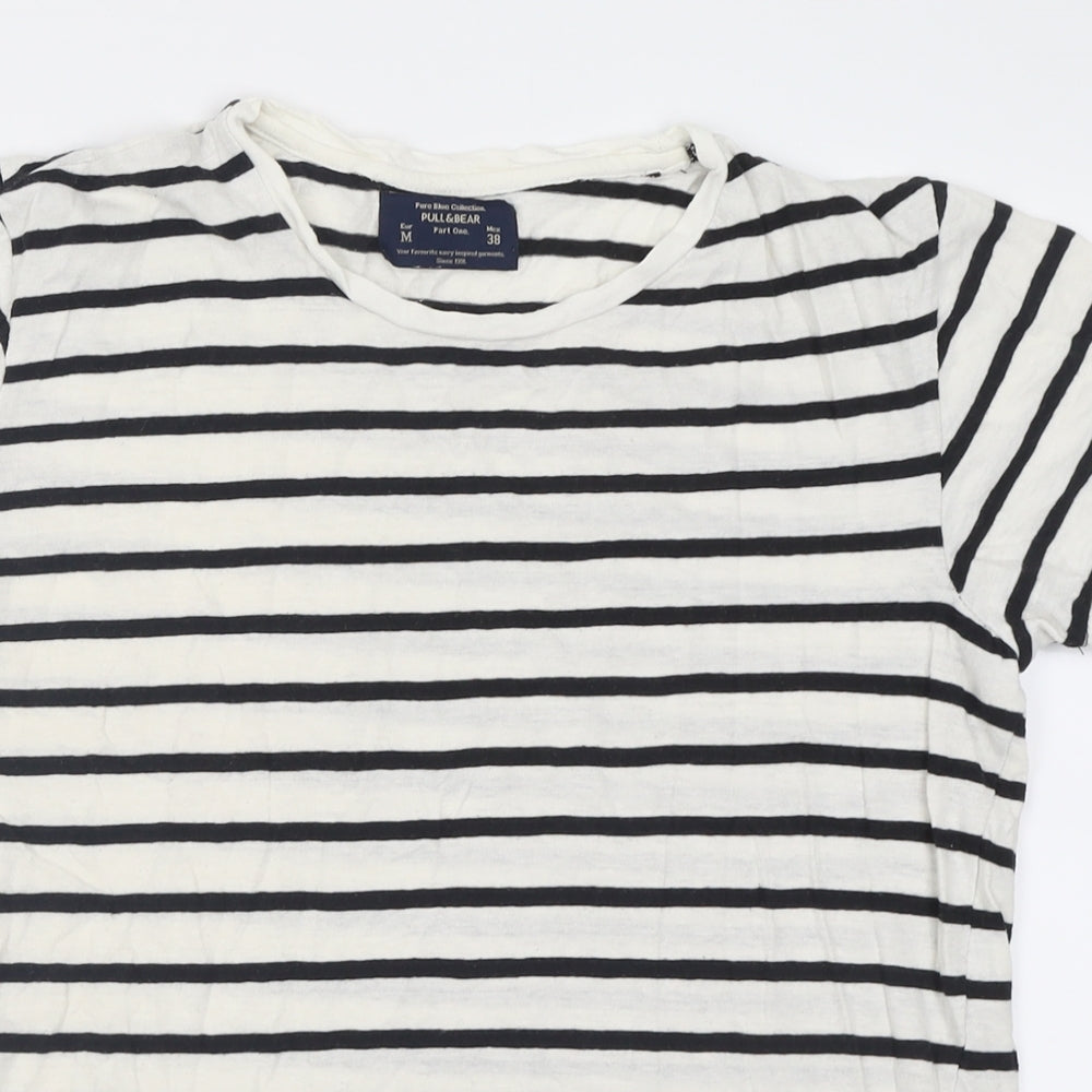 Pull&Bear Womens White Striped Cotton Basic T-Shirt Size M Crew Neck