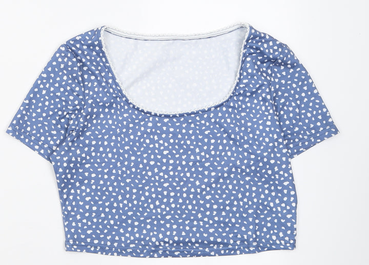 ROMWE Womens Blue Polka Dot Polyacrylate Fibre Cropped T-Shirt Size M Scoop Neck