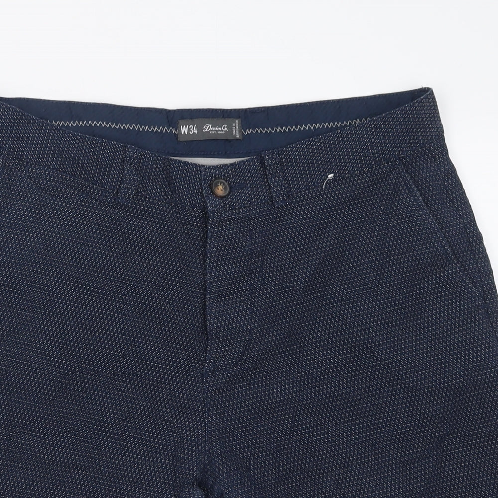 Primark Mens Blue Geometric Cotton Bermuda Shorts Size 34 L10 in Regular Button