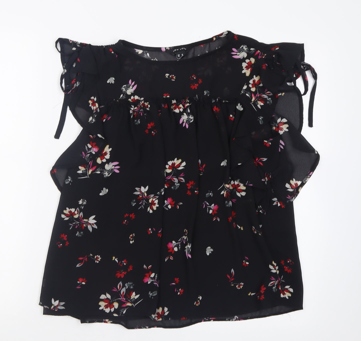 New Look Womens Black Floral Polyester Basic Blouse Size 10 Crew Neck
