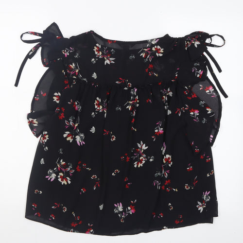 New Look Womens Black Floral Polyester Basic Blouse Size 10 Crew Neck