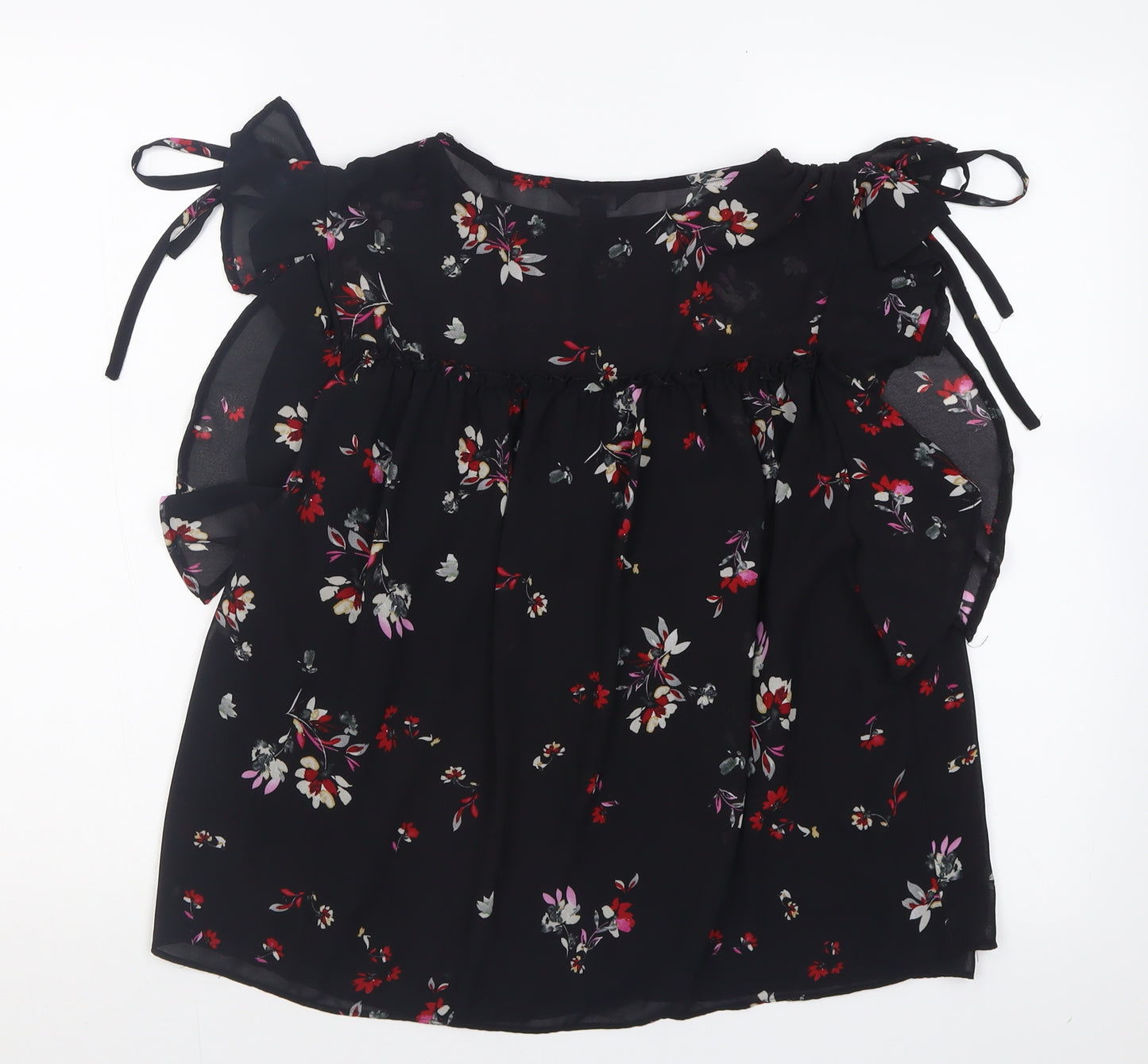 New Look Womens Black Floral Polyester Basic Blouse Size 10 Crew Neck