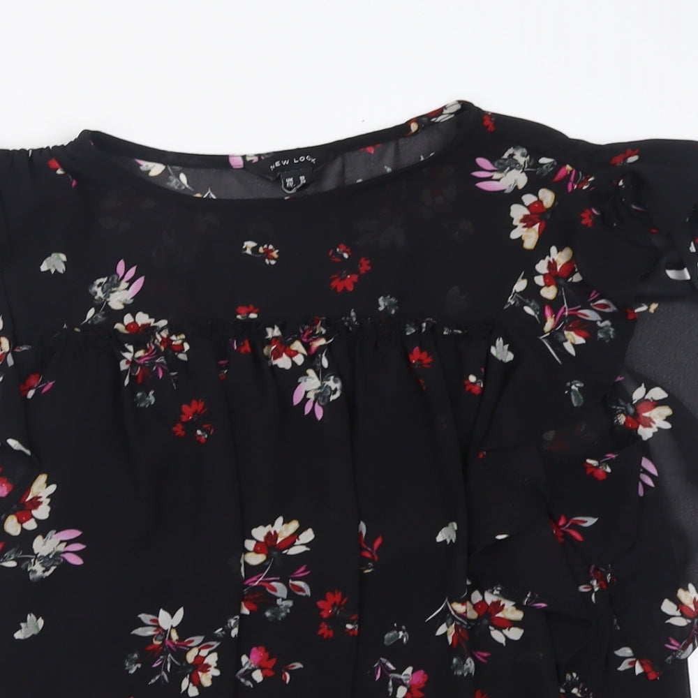 New Look Womens Black Floral Polyester Basic Blouse Size 10 Crew Neck