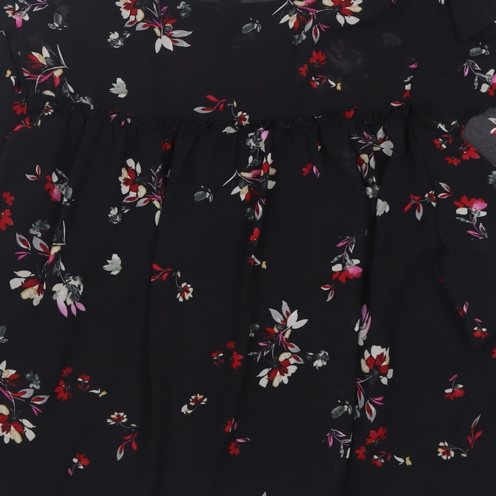New Look Womens Black Floral Polyester Basic Blouse Size 10 Crew Neck