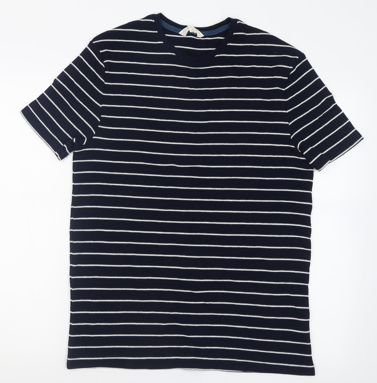 Marks and Spencer Mens Blue Striped Cotton  T-Shirt Size M Crew Neck