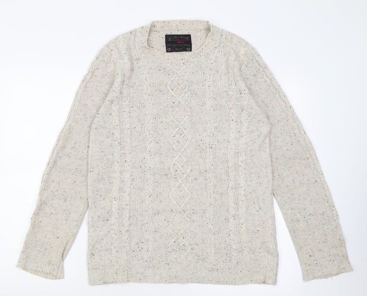 Red Herring Mens Beige Crew Neck Geometric Acrylic Pullover Jumper Size S