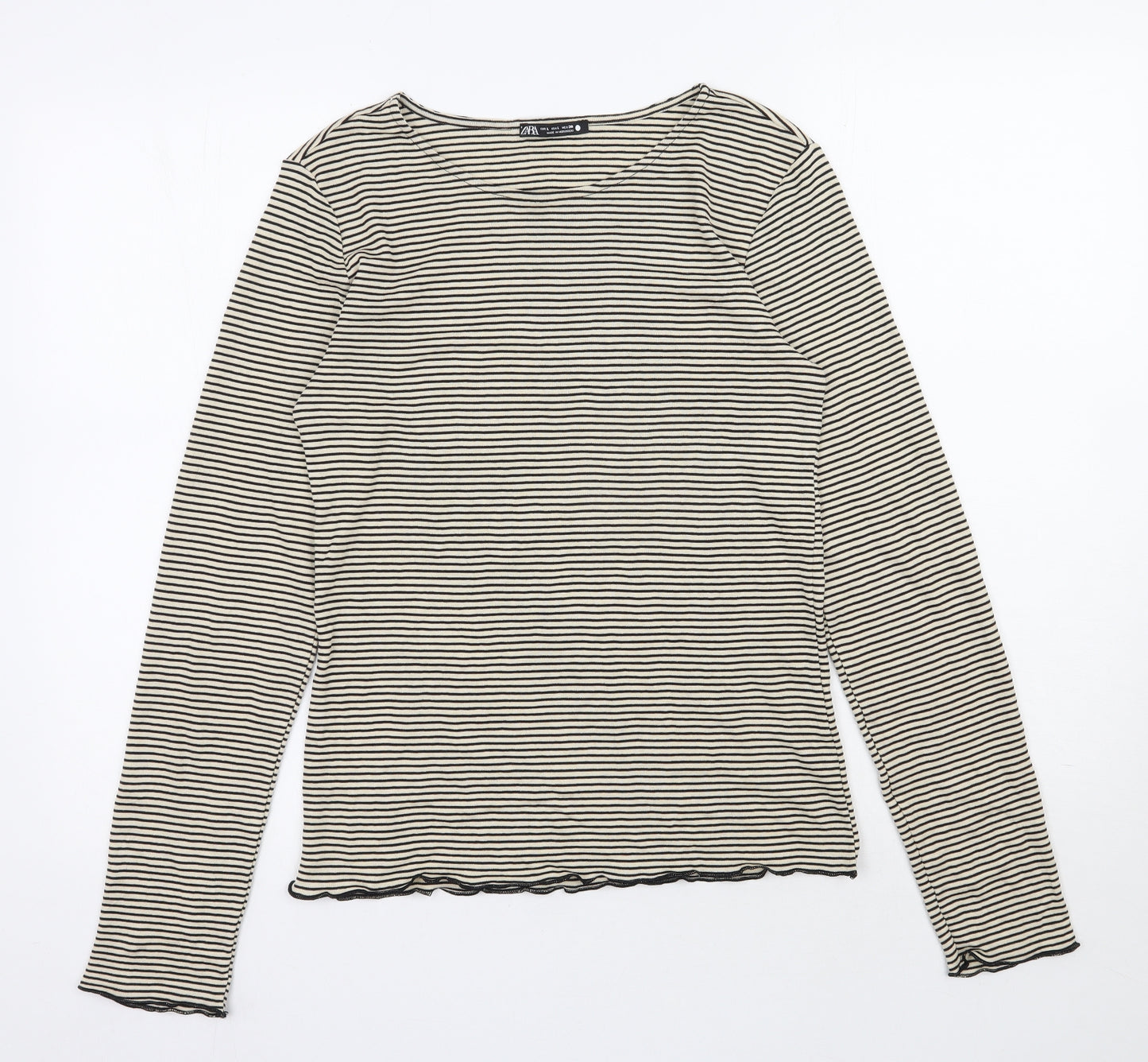 Zara Womens Beige Striped Polyester Basic Blouse Size L Round Neck