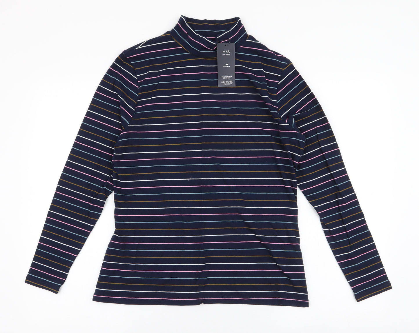 Marks and Spencer Womens Blue Striped Cotton Jersey T-Shirt Size 16 High Neck