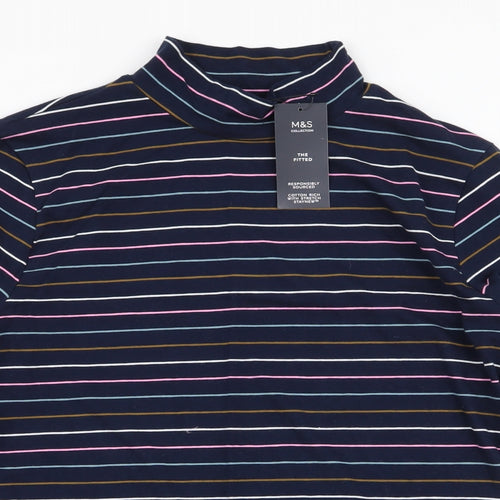 Marks and Spencer Womens Blue Striped Cotton Jersey T-Shirt Size 16 High Neck
