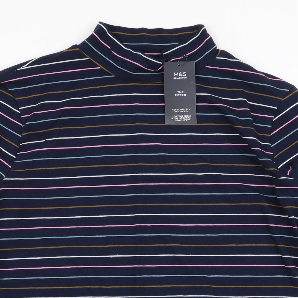 Marks and Spencer Womens Blue Striped Cotton Jersey T-Shirt Size 16 High Neck