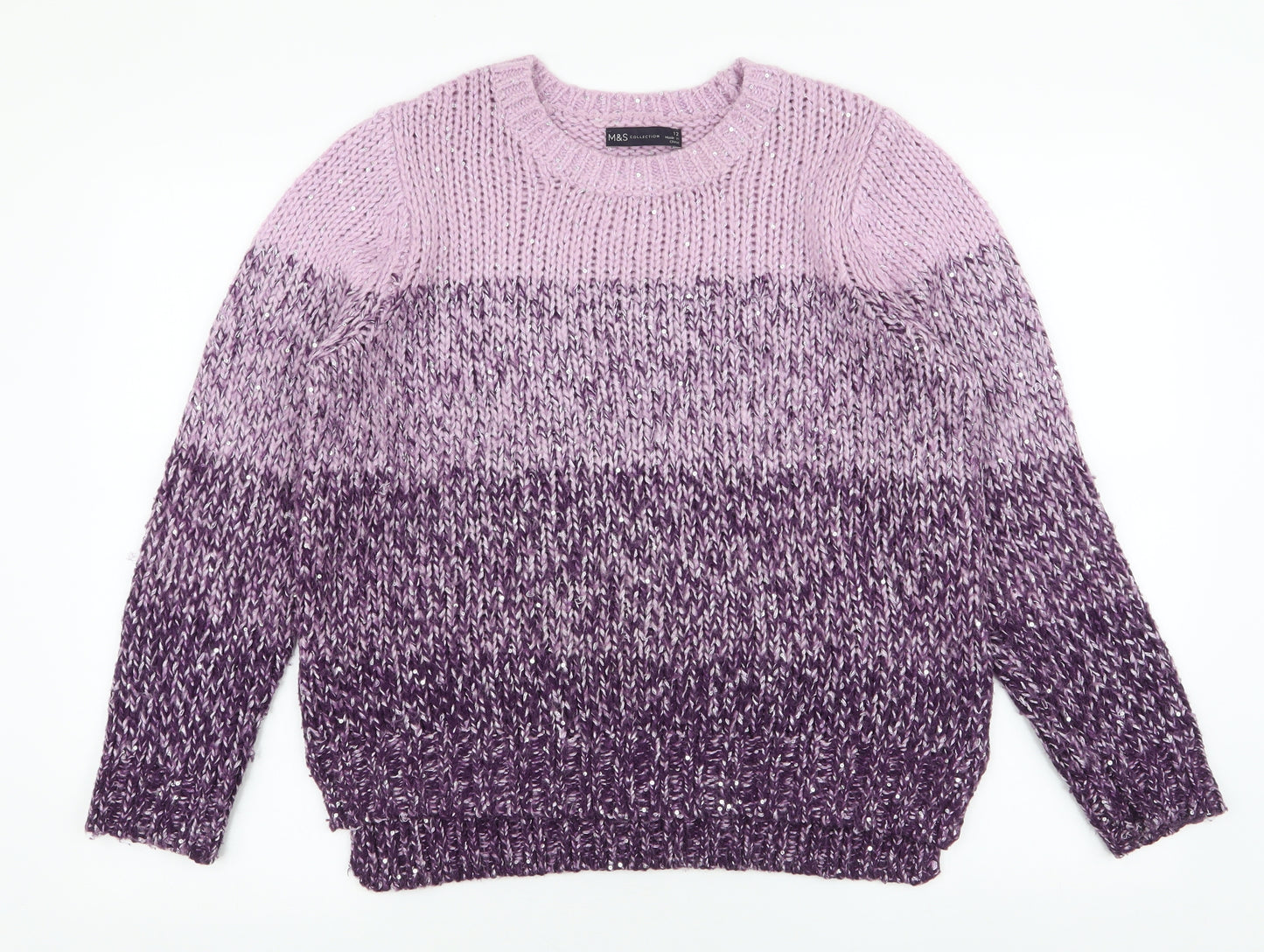 Marks and Spencer Womens Purple High Neck Striped Acrylic Pullover Jumper Size 12