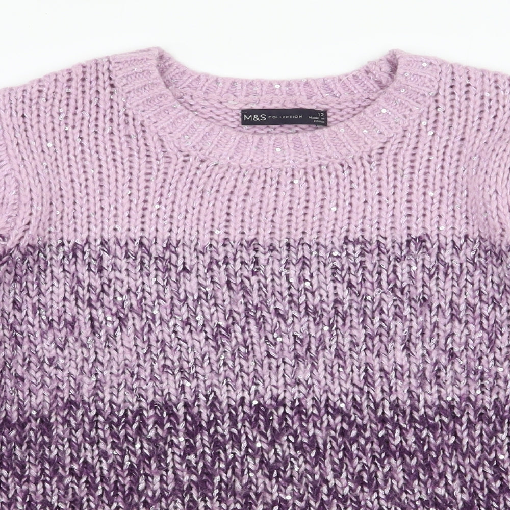Marks and Spencer Womens Purple High Neck Striped Acrylic Pullover Jumper Size 12