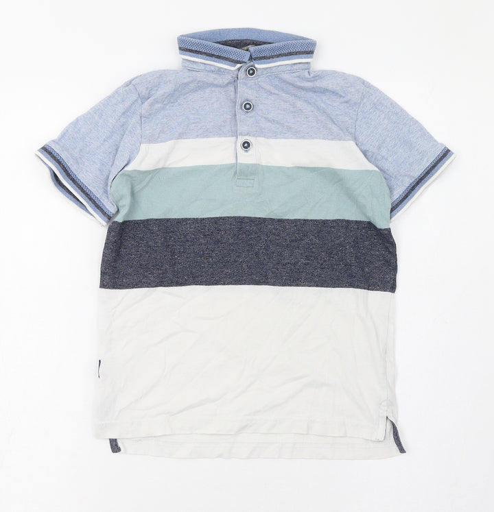 George Boys Blue Striped Cotton Basic T-Shirt Size 6-7 Years Collared Button