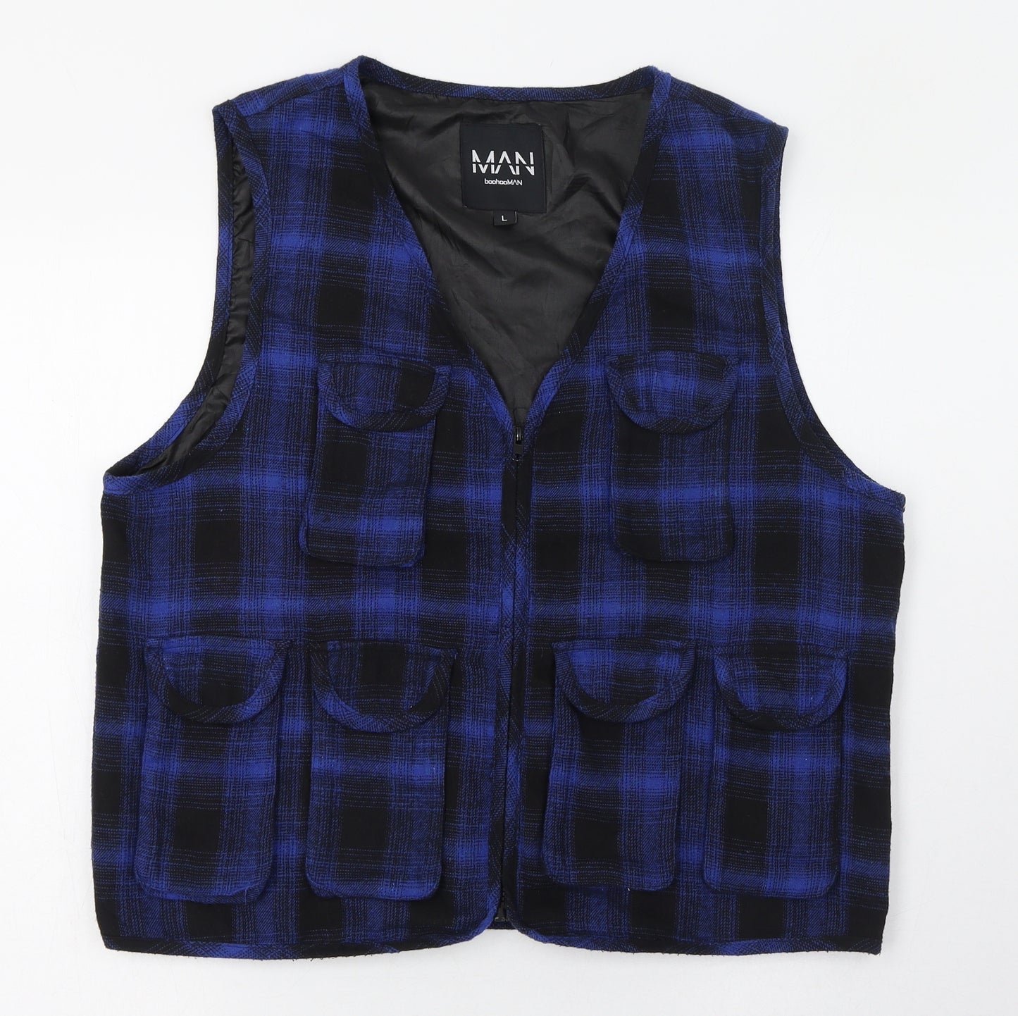 BoohooMAN Mens Blue Check Polyester  T-Shirt Size L V-Neck