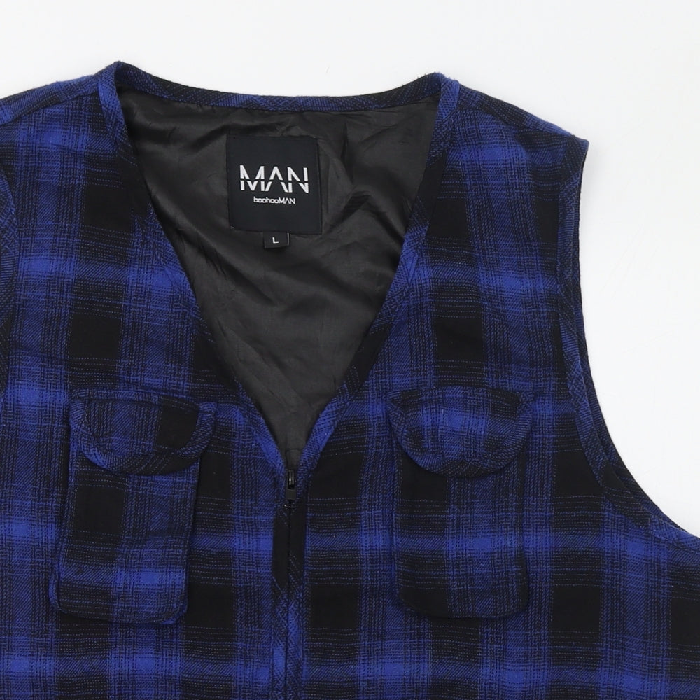 BoohooMAN Mens Blue Check Polyester  T-Shirt Size L V-Neck
