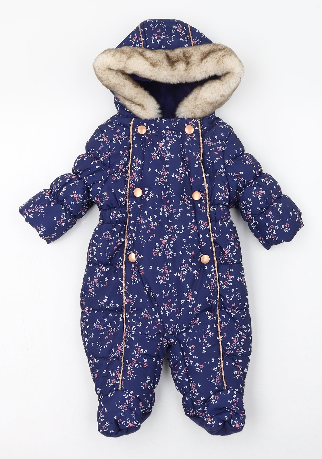 Mothercare Girls Blue Floral Cotton Jumpsuit Outfit/Set Size 0-3 Months  Zip