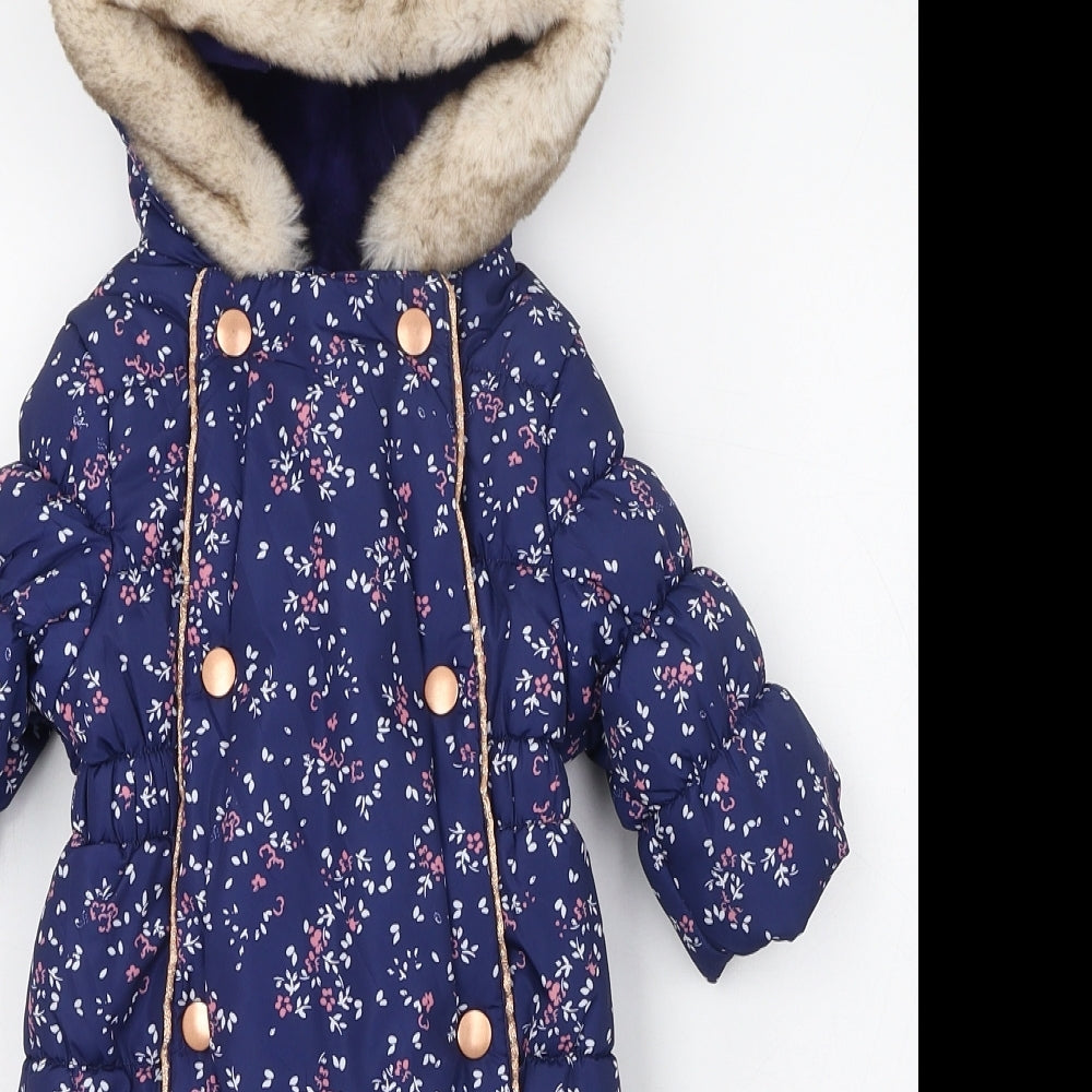 Mothercare Girls Blue Floral Cotton Jumpsuit Outfit/Set Size 0-3 Months  Zip