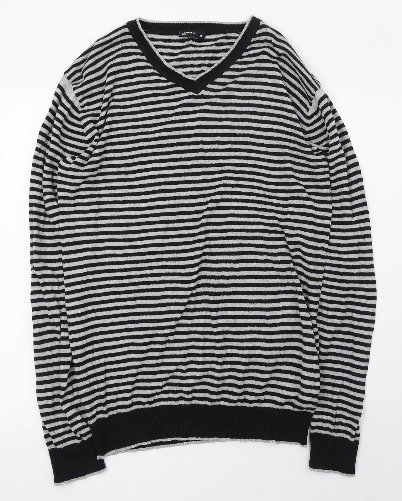 Cedar Wood State Mens Black V-Neck Striped Cotton Pullover Jumper Size XL