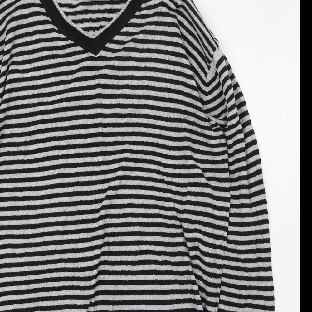 Cedar Wood State Mens Black V-Neck Striped Cotton Pullover Jumper Size XL