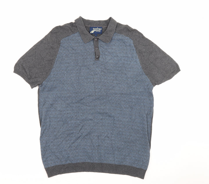 Twolegs Mens Blue Cotton Polo Size L Collared Button