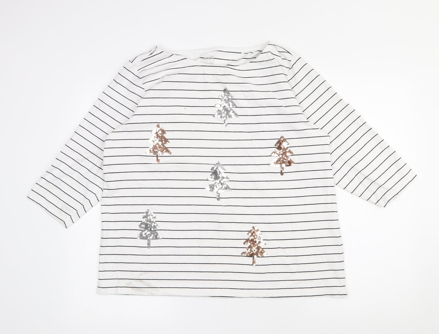 Nutmeg Womens White Striped Cotton Basic T-Shirt Size 20 Round Neck
