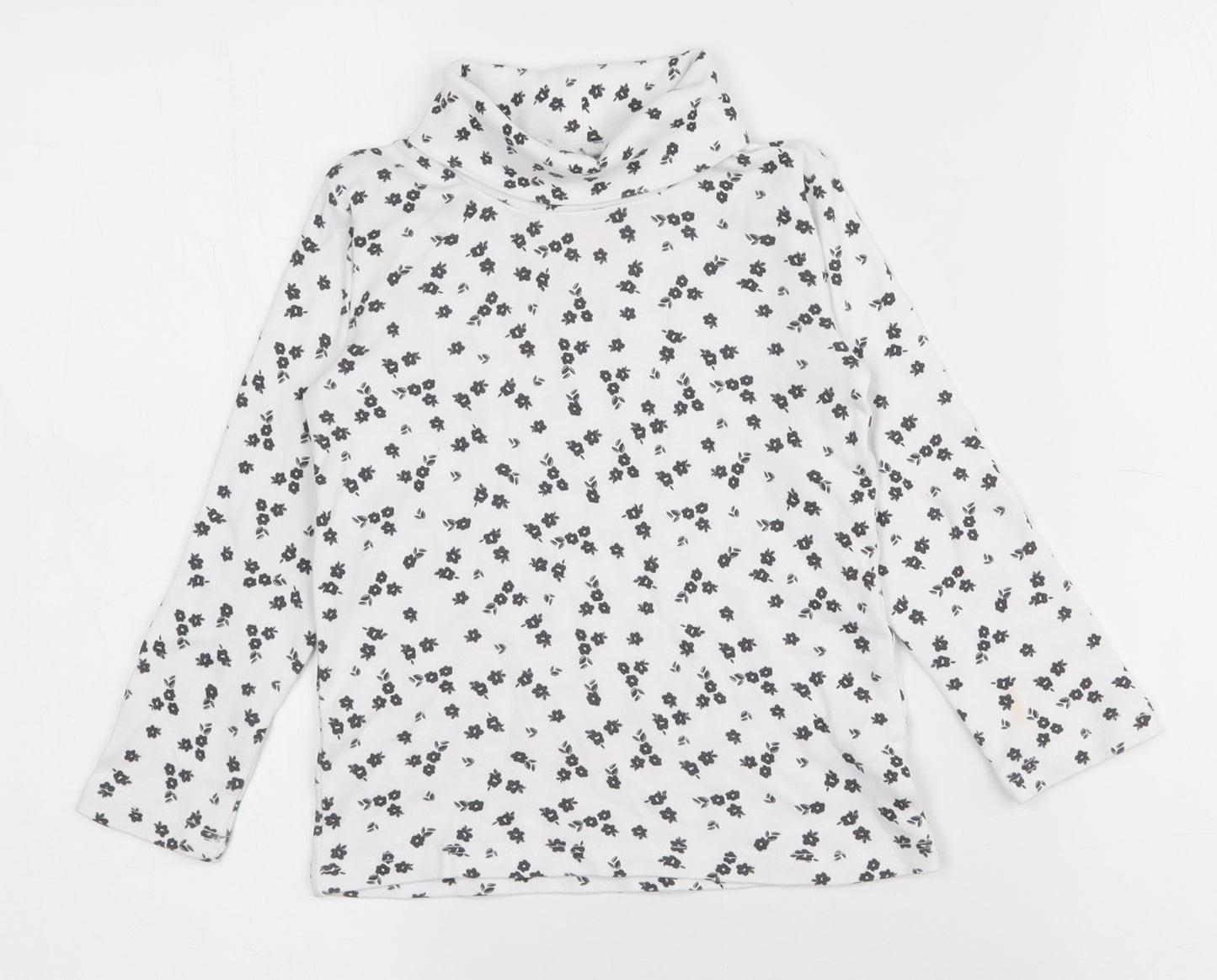 Mango Girls White Floral 100% Cotton Pullover T-Shirt Size 4 Years Roll Neck Pullover