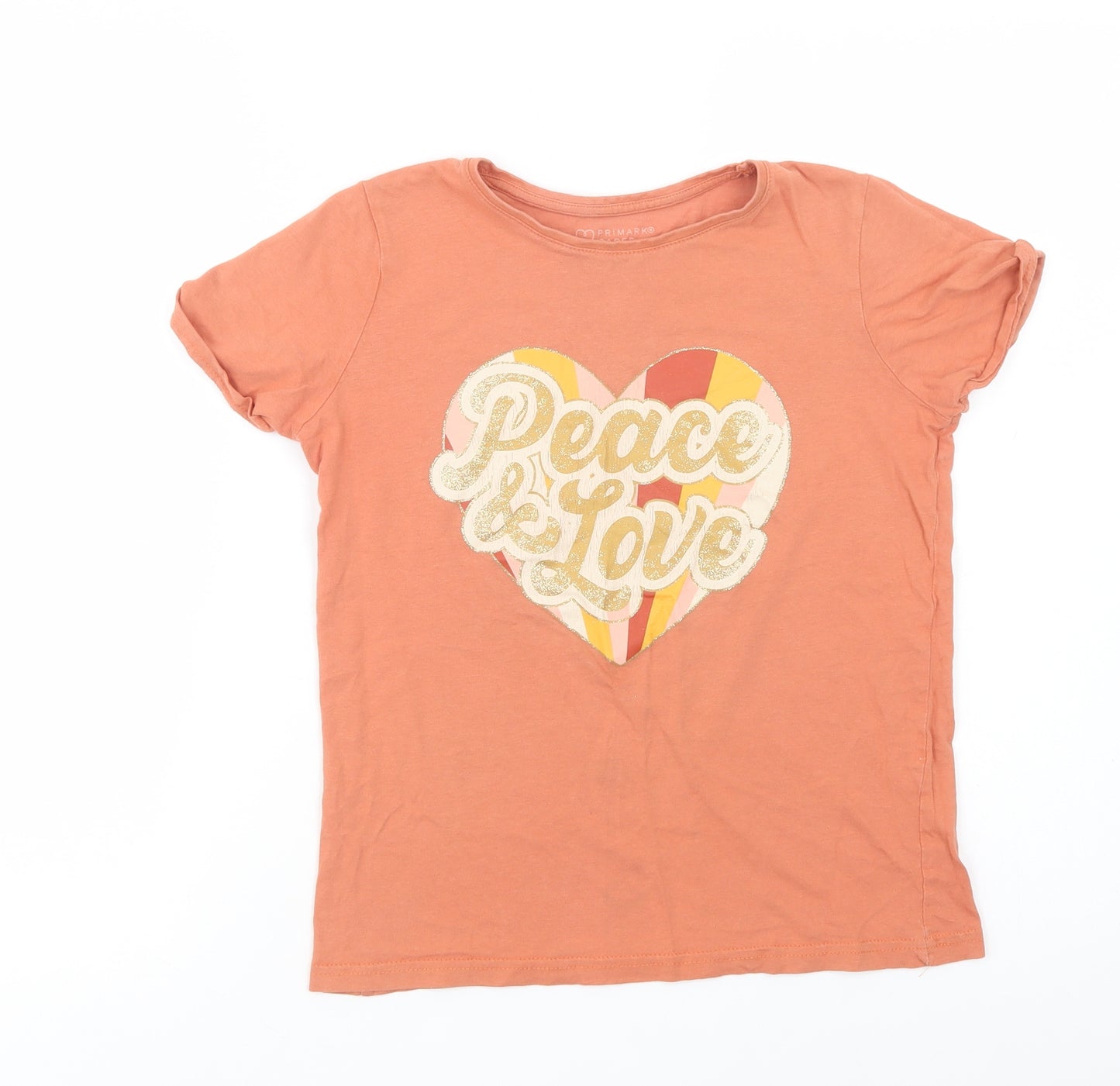 Primark Girls Orange  Cotton Pullover T-Shirt Size 11-12 Years Crew Neck Pullover - Peace & Love