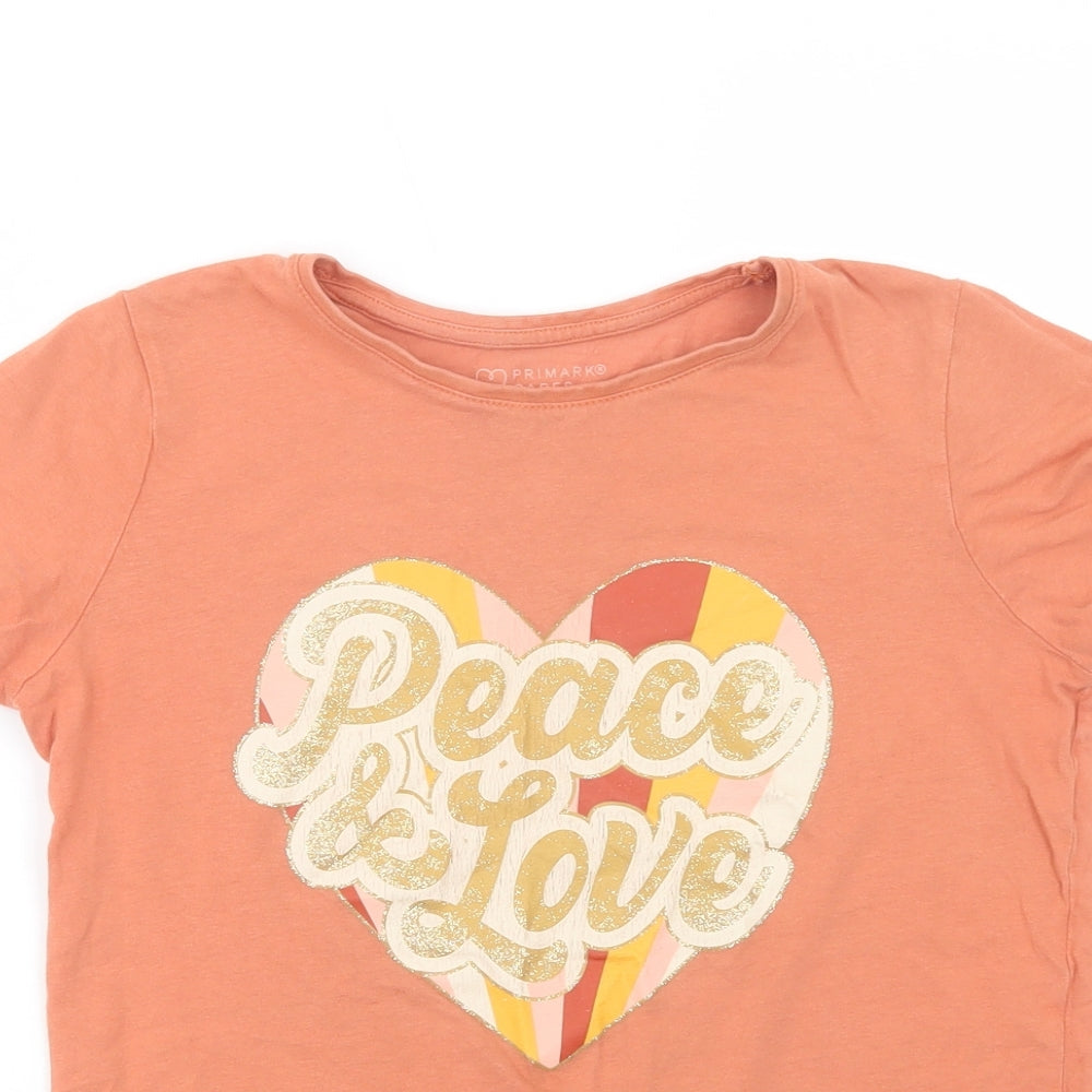 Primark Girls Orange  Cotton Pullover T-Shirt Size 11-12 Years Crew Neck Pullover - Peace & Love