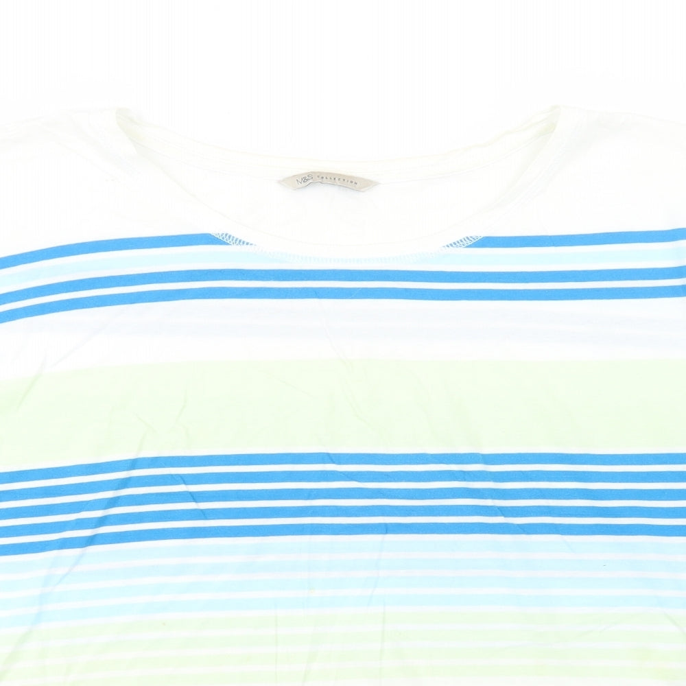 Marks and Spencer Womens White Striped Cotton Basic T-Shirt Size 16 Scoop Neck